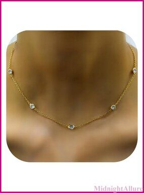 14k Gold Plated Pearl Station Necklace Cubic Zirconia Solitaire Pendant Chain